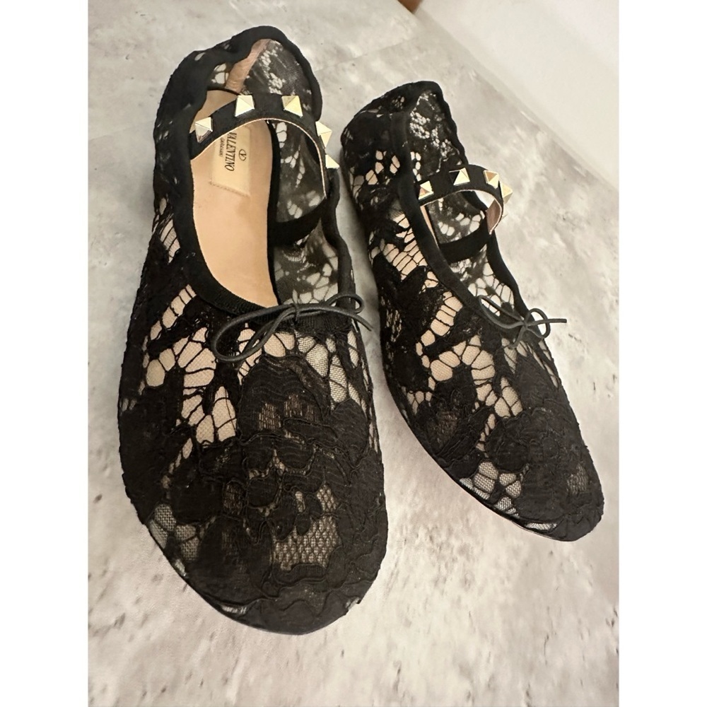 Valentino Rockstud‎ Black Lace Ballet Flats - Picture 4 of 16